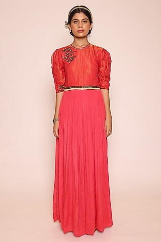 Red Kota Silk Zari & Chinon 3D Floral Embroidered Jumpsuit by Abstract By Megha Jain Madaan