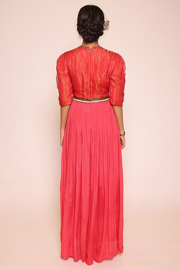 Red Kota Silk Zari & Chinon 3D Floral Embroidered Jumpsuit by Abstract By Megha Jain Madaan at Pernia's Pop Up Shop