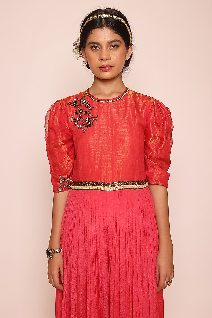 Red Kota Silk Zari & Chinon 3D Floral Embroidered Jumpsuit by Abstract By Megha Jain Madaan at Pernia's Pop Up Shop