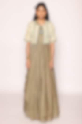 Dull Green & Beige Silk Applique Embellished Maxi Jacket Party Wear Dress by Abstract By Megha Jain Madaan at Pernia's Pop Up Shop