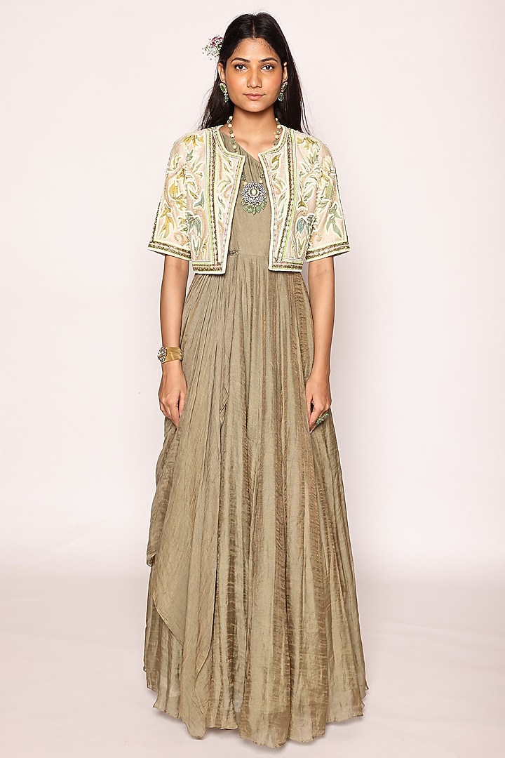 Dull Green & Beige Silk Applique Embellished Maxi Jacket Party Wear Dress by Abstract By Megha Jain Madaan at Pernia's Pop Up Shop