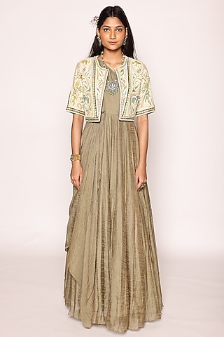 Dull Green & Beige Silk Applique Embellished Maxi Jacket Dress by Abstract By Megha Jain Madaan