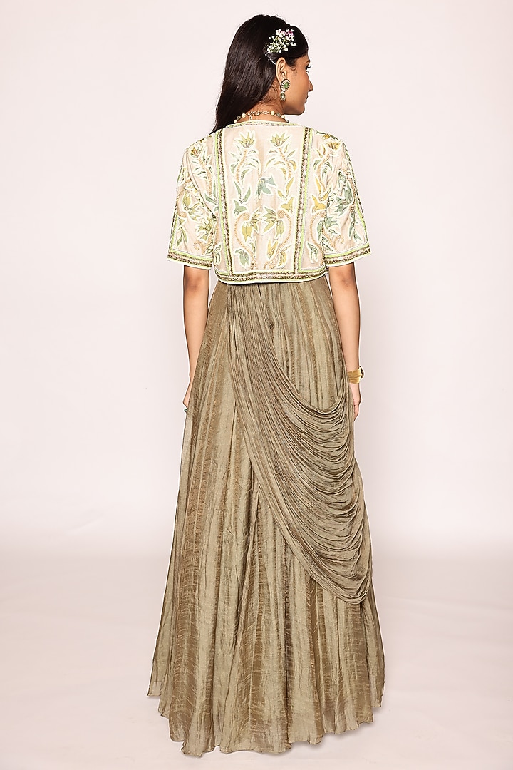 Dull Green & Beige Silk Applique Embellished Maxi Jacket Party Wear Dress by Abstract By Megha Jain Madaan at Pernia's Pop Up Shop