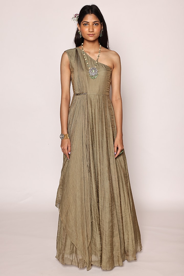Dull Green & Beige Silk Applique Embellished Maxi Jacket Party Wear Dress by Abstract By Megha Jain Madaan at Pernia's Pop Up Shop