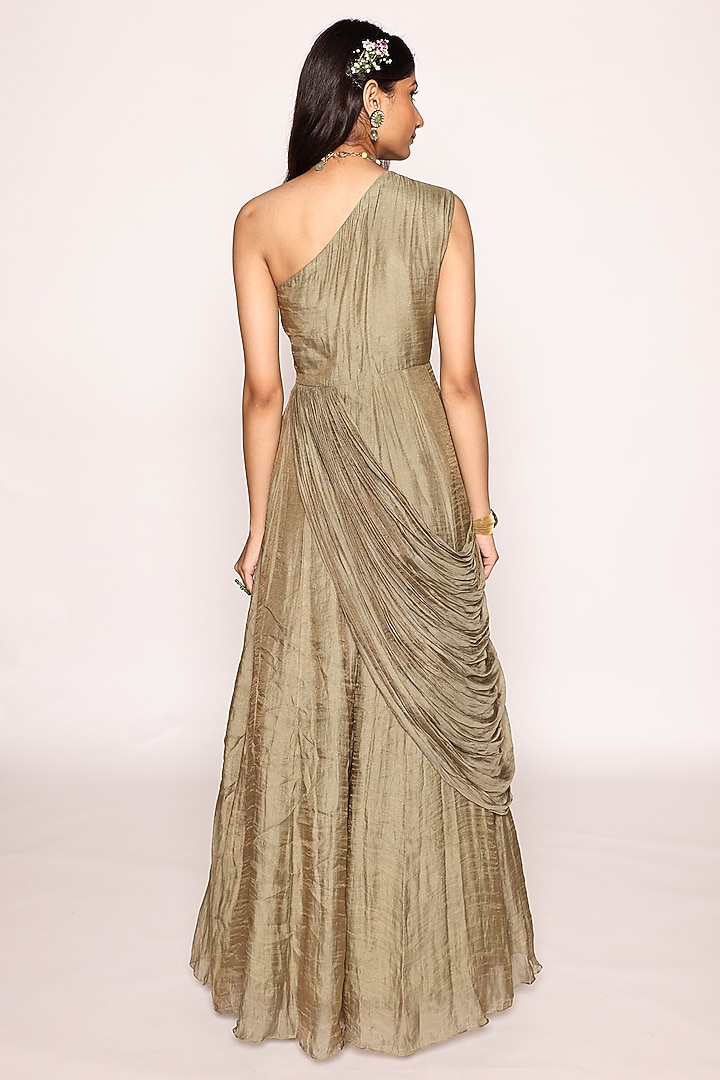 Dull Green & Beige Silk Applique Embellished Maxi Jacket Party Wear Dress by Abstract By Megha Jain Madaan at Pernia's Pop Up Shop