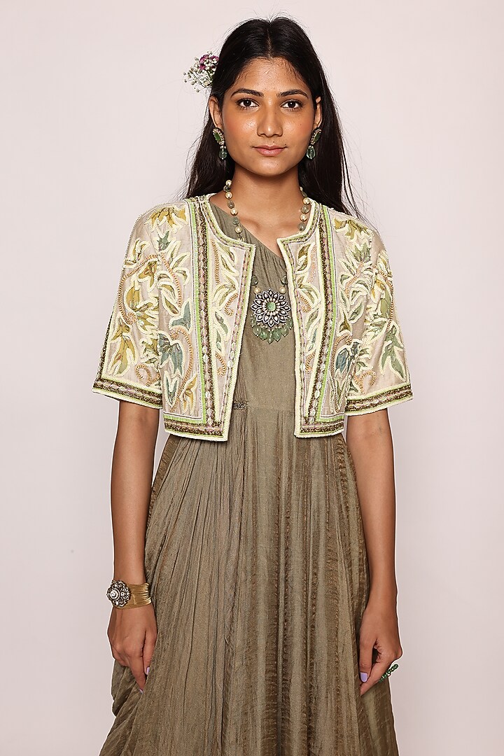 Dull Green & Beige Silk Applique Embellished Maxi Jacket Party Wear Dress by Abstract By Megha Jain Madaan at Pernia's Pop Up Shop