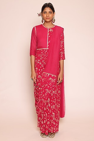 Pink Georgette & Binny Chiffon Foil Printed Concept Saree Dress by Abstract By Megha Jain Madaan