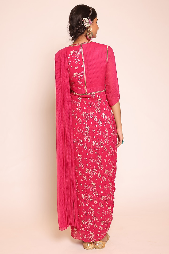 Pink Georgette & Binny Chiffon Foil Printed Concept Party Wear Saree Dress by Abstract By Megha Jain Madaan at Pernia's Pop Up Shop