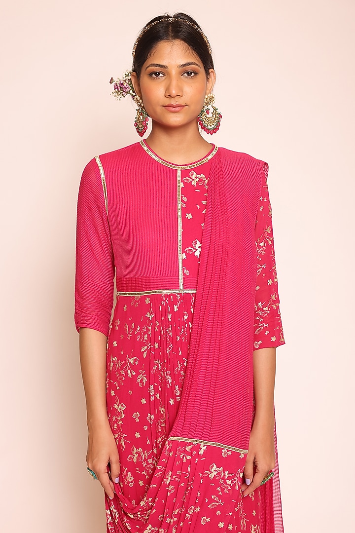Pink Georgette & Binny Chiffon Foil Printed Concept Party Wear Saree Dress by Abstract By Megha Jain Madaan at Pernia's Pop Up Shop