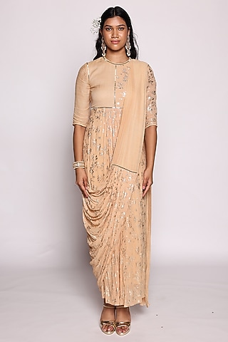 Beige Georgette & Binny Chiffon Foil Printed Concept Saree Dress by Abstract By Megha Jain Madaan