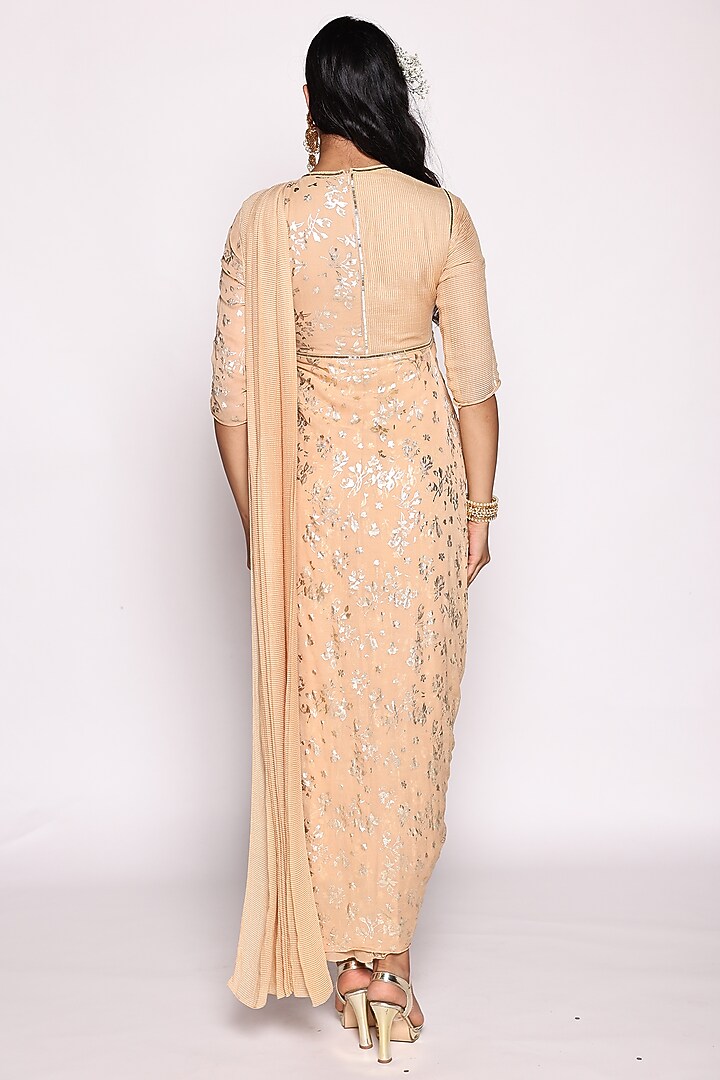 Beige Georgette & Binny Chiffon Foil Printed Concept Party Wear Saree Dress by Abstract By Megha Jain Madaan at Pernia's Pop Up Shop