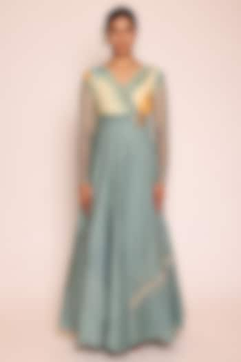 Blue Tulle & Silk Embellished Overlap Maxi Dress by Abstract By Megha Jain Madaan at Pernia's Pop Up Shop