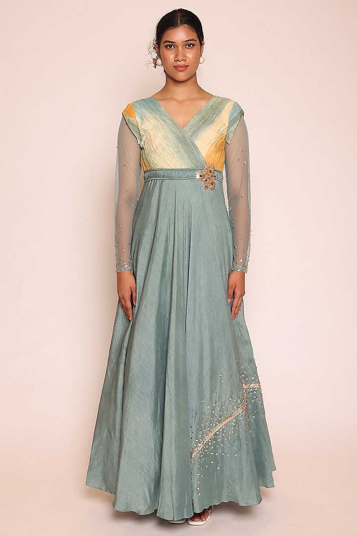 Blue Tulle & Silk Embellished Overlap Maxi Dress by Abstract By Megha Jain Madaan at Pernia's Pop Up Shop