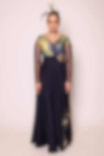 Midnight Blue Tulle & Silk Embellished Overlap Maxi Dress by Abstract By Megha Jain Madaan at Pernia's Pop Up Shop