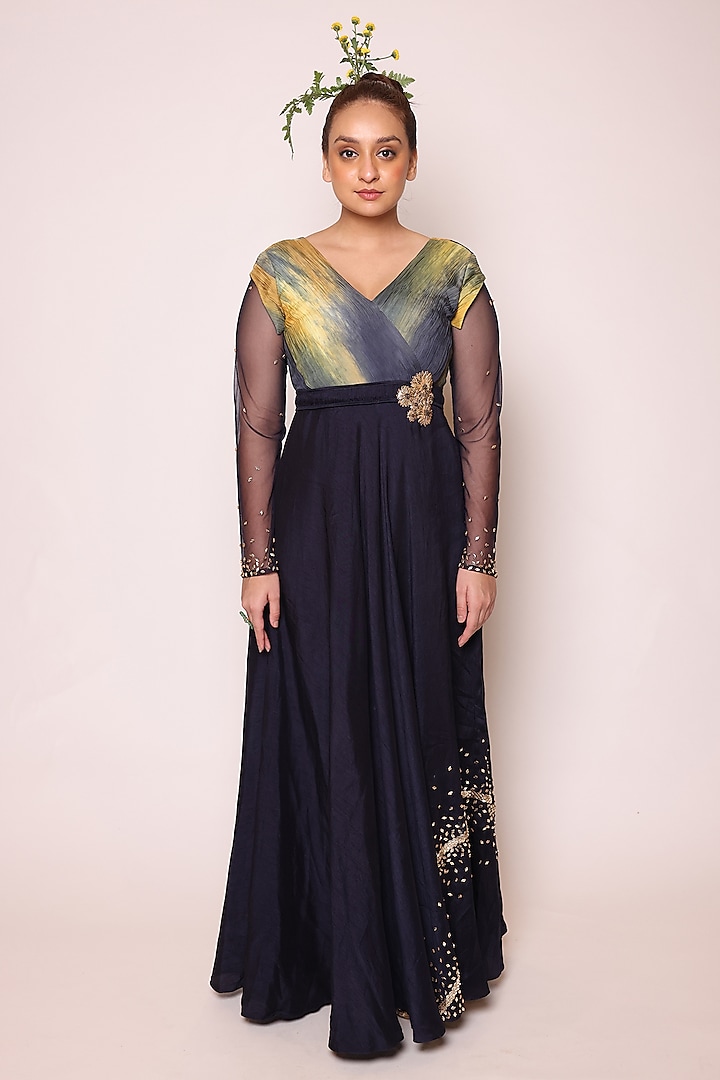 Midnight Blue Tulle & Silk Embellished Overlap Maxi Dress by Abstract By Megha Jain Madaan at Pernia's Pop Up Shop