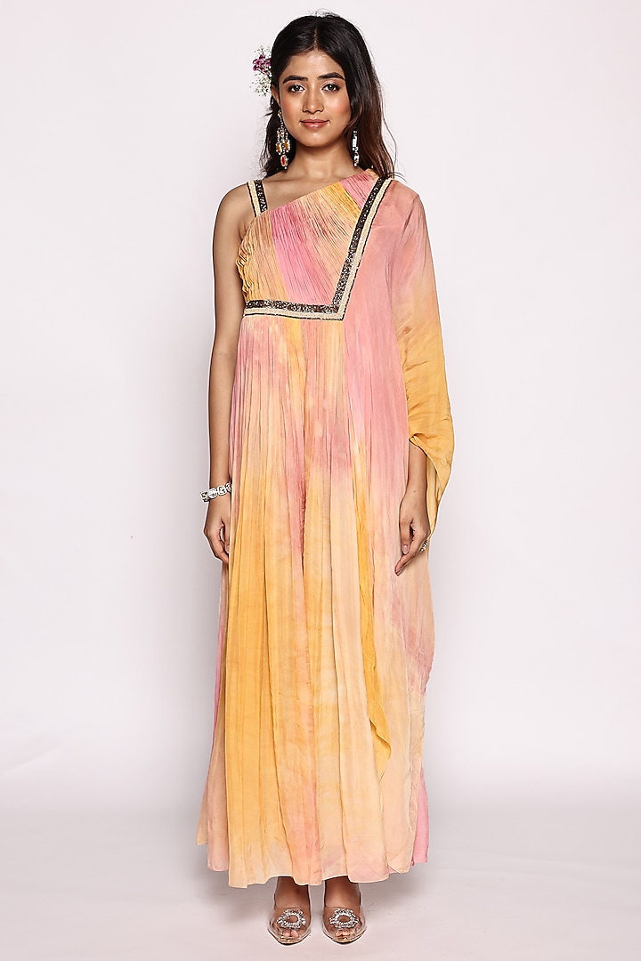 Pink & Yellow Ombre Silk Flat Chiffon Embellished Jumpsuit by Abstract By Megha Jain Madaan at Pernia's Pop Up Shop