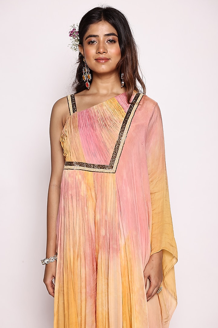 Pink & Yellow Ombre Silk Flat Chiffon Embellished Jumpsuit by Abstract By Megha Jain Madaan at Pernia's Pop Up Shop