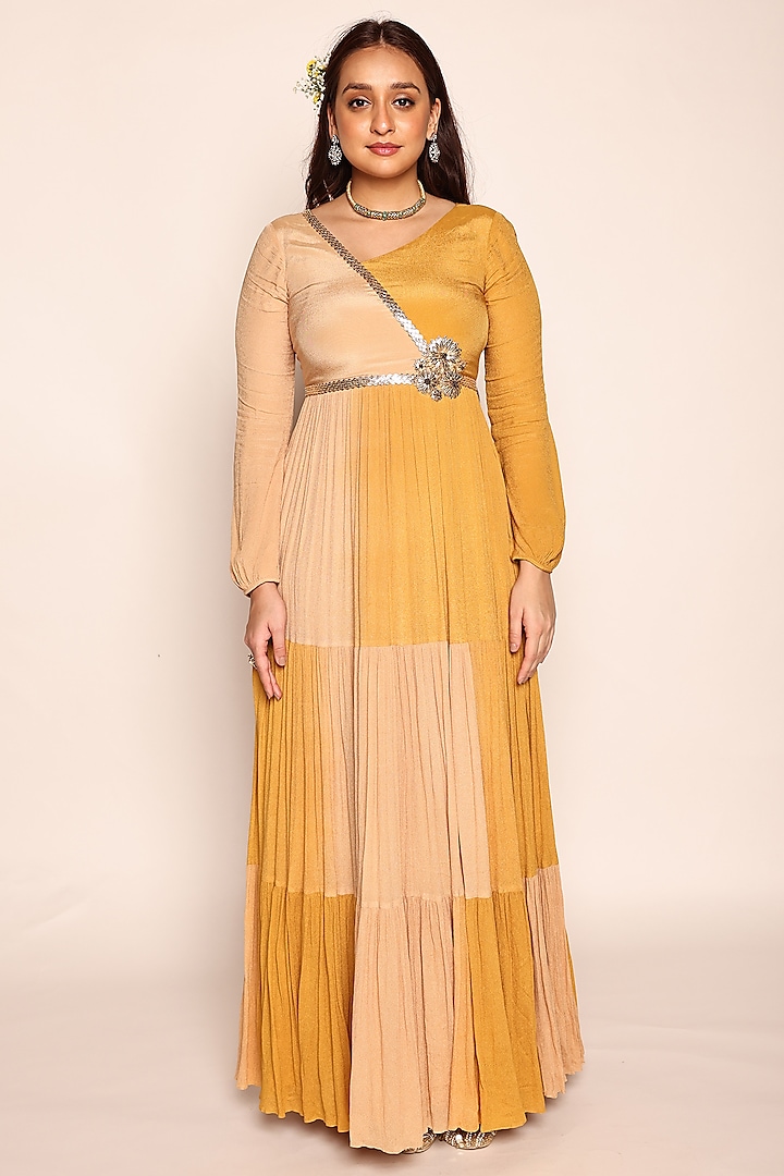 Mustard Yellow & Beige Chinon 3D Floral Embroidered Tiered Maxi Dress by Abstract By Megha Jain Madaan at Pernia's Pop Up Shop