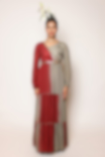 Maroon & Grey Chinon 3D Floral Embroidered Tiered Maxi Dress by Abstract By Megha Jain Madaan at Pernia's Pop Up Shop