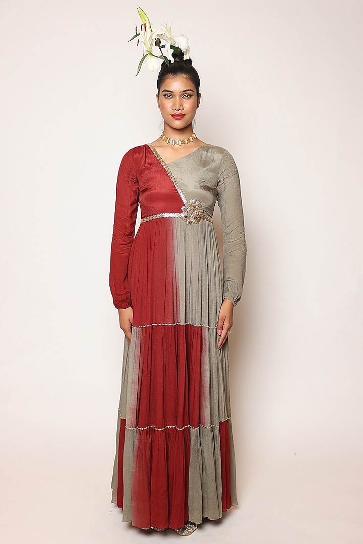 Maroon & Grey Chinon 3D Floral Embroidered Tiered Maxi Dress by Abstract By Megha Jain Madaan at Pernia's Pop Up Shop