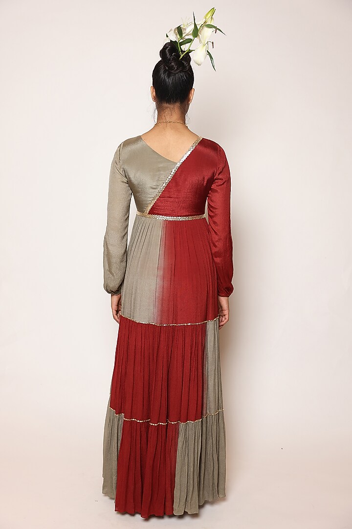 Maroon & Grey Chinon 3D Floral Embroidered Tiered Maxi Cocktail Dress by Abstract By Megha Jain Madaan at Pernia's Pop Up Shop