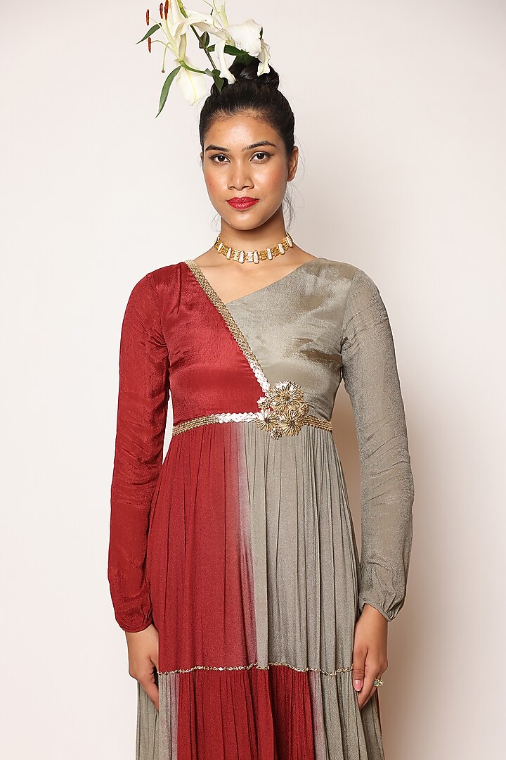 Maroon & Grey Chinon 3D Floral Embroidered Tiered Maxi Cocktail Dress by Abstract By Megha Jain Madaan at Pernia's Pop Up Shop