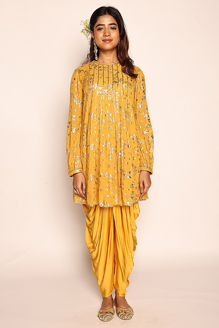 Mustard Yellow Georgette & Modal Dhoti Set by Abstract By Megha Jain Madaan at Pernia's Pop Up Shop