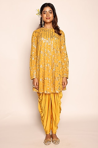 Mustard Yellow Georgette & Modal Dhoti Set by Abstract By Megha Jain Madaan