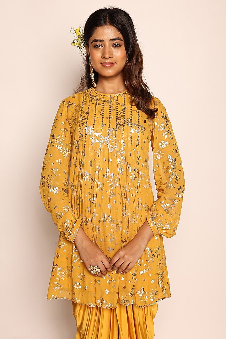 Mustard Yellow Georgette & Modal Dhoti Set by Abstract By Megha Jain Madaan at Pernia's Pop Up Shop