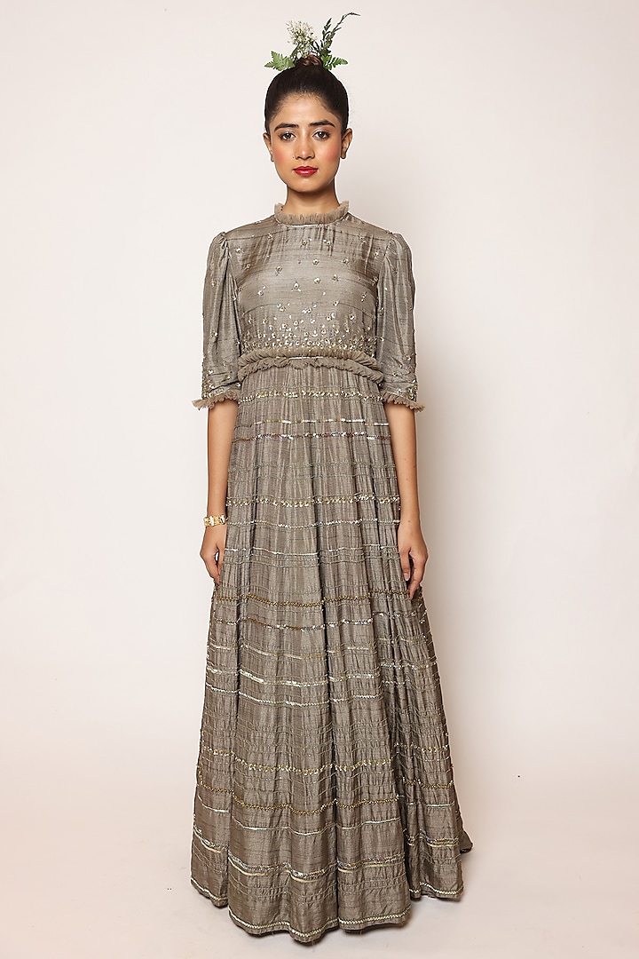 Grey Silk Sequins & Beads Hand Embellished Maxi Dress by Abstract By Megha Jain Madaan at Pernia's Pop Up Shop