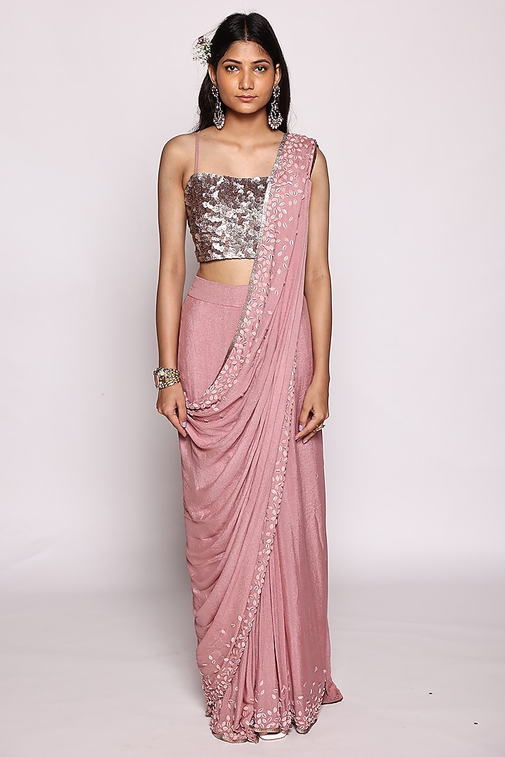 Mauve Chinon Sequins & Beads Embroidered Pre-Stitched Saree Set by Abstract By Megha Jain Madaan at Pernia's Pop Up Shop