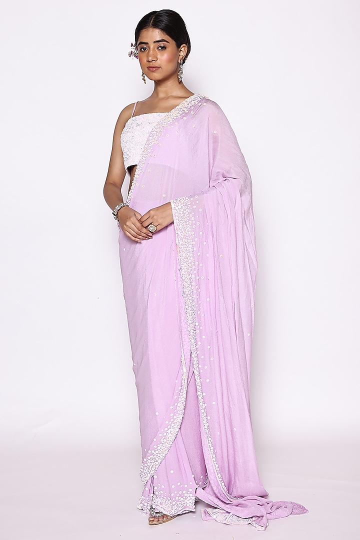 Lilac Chinon Sequins & Beads Embroidered Pre-Stitched Saree Set by Abstract By Megha Jain Madaan at Pernia's Pop Up Shop