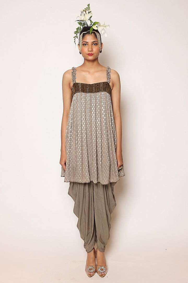 Greyish Gold Silk & Jacquard Georgette Dhoti Set by Abstract By Megha Jain Madaan at Pernia's Pop Up Shop