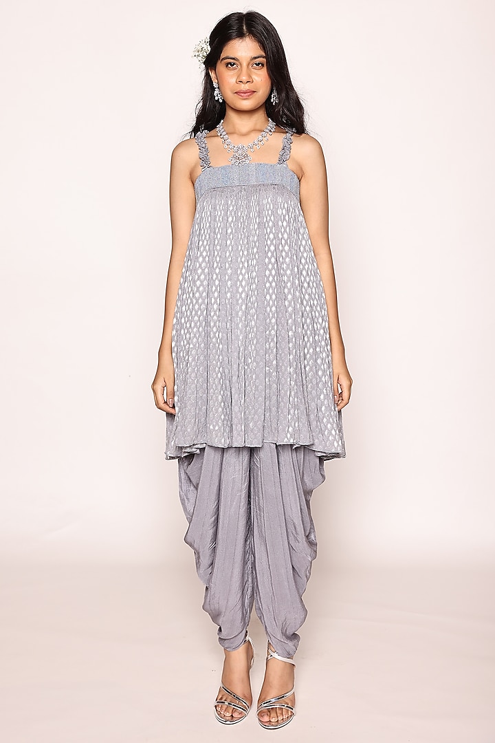 Bluish Grey Silk & Jacquard Georgette Dhoti Set by Abstract By Megha Jain Madaan at Pernia's Pop Up Shop