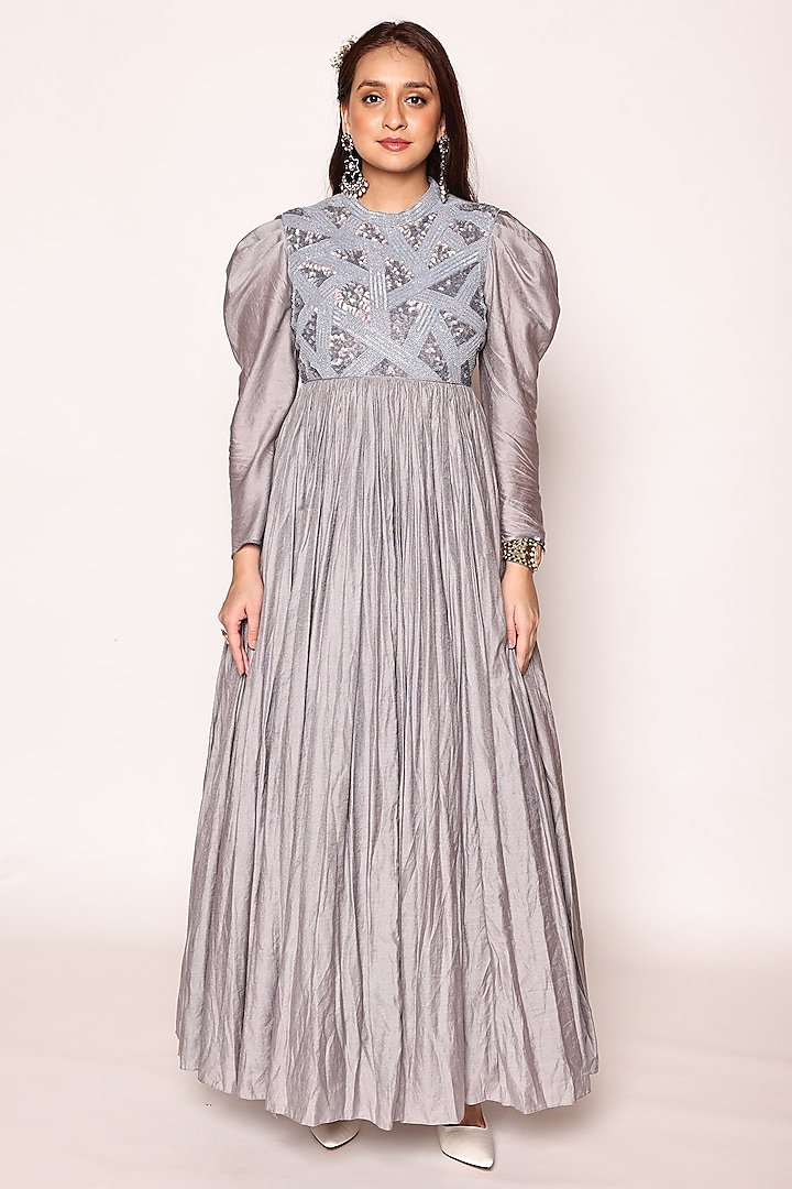 Bluish Grey Jacquard Lurex Sequins Embellished Maxi Dress by Abstract By Megha Jain Madaan at Pernia's Pop Up Shop