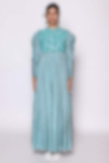 Turquoise Jacquard Lurex Sequins Embellished Maxi Dress by Abstract By Megha Jain Madaan at Pernia's Pop Up Shop