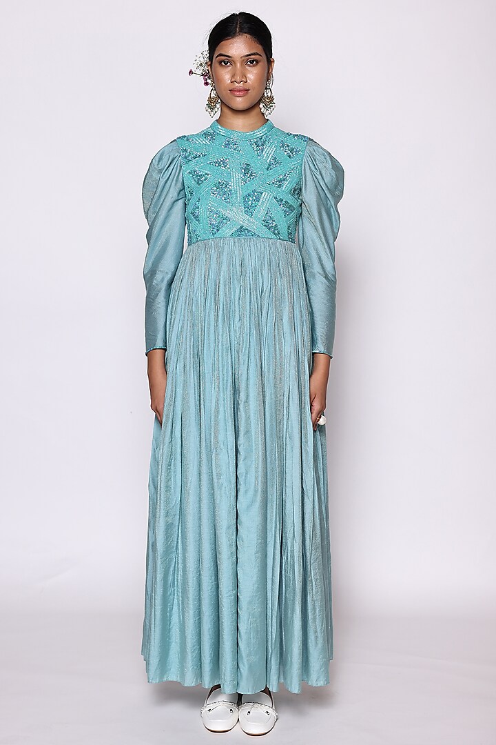 Turquoise Jacquard Lurex Sequins Embellished Maxi Dress by Abstract By Megha Jain Madaan at Pernia's Pop Up Shop