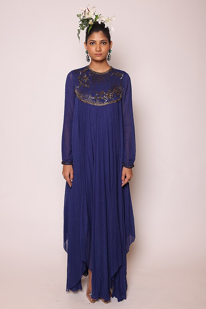 Ink Blue Binny Chiffon 3D Floral Embellished Maxi Dress by Abstract By Megha Jain Madaan at Pernia's Pop Up Shop