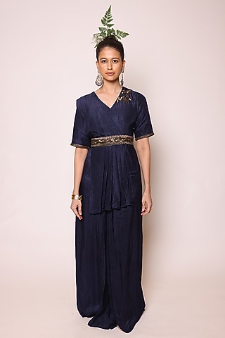 Ink Blue Silk Sequins Embellished Concept Saree Dress by Abstract By Megha Jain Madaan