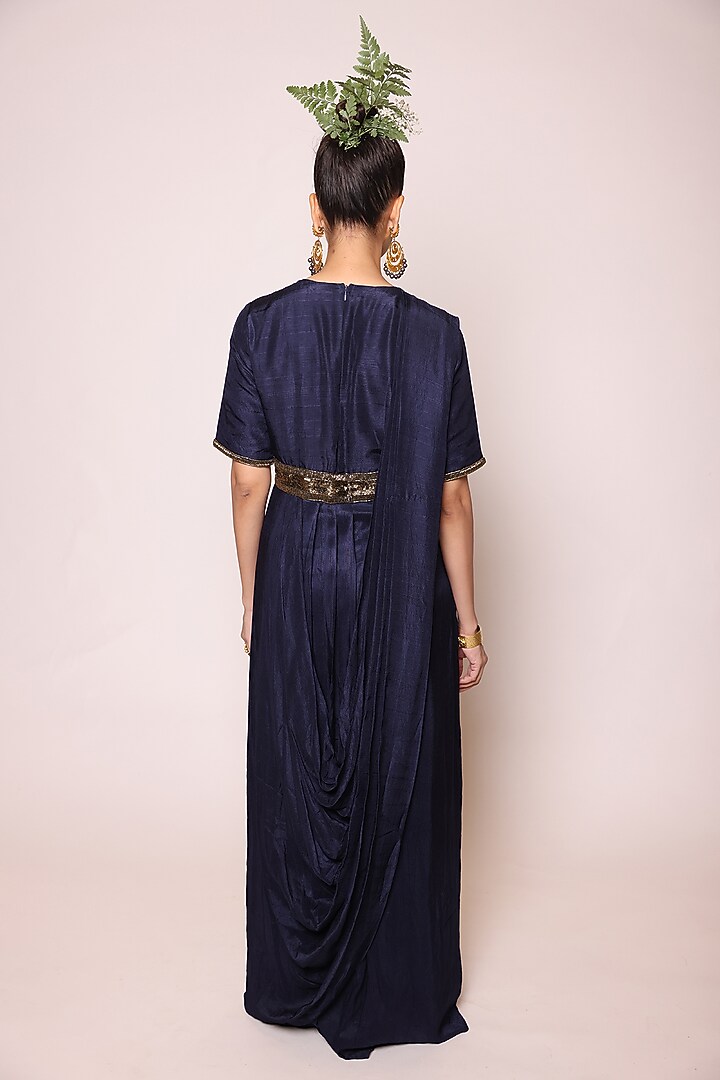 Ink Blue Silk Sequins Embellished Concept Party Wear Saree Dress by Abstract By Megha Jain Madaan at Pernia's Pop Up Shop