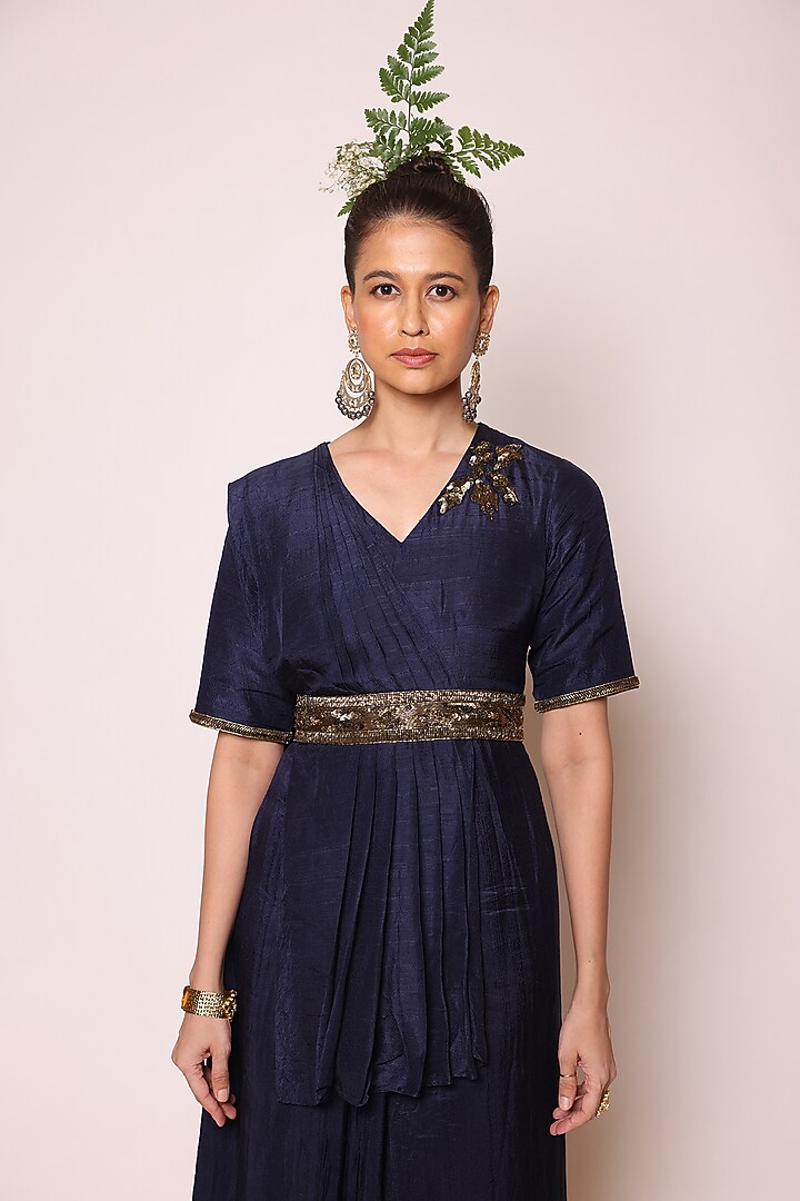 Ink Blue Silk Sequins Embellished Concept Party Wear Saree Dress by Abstract By Megha Jain Madaan at Pernia's Pop Up Shop
