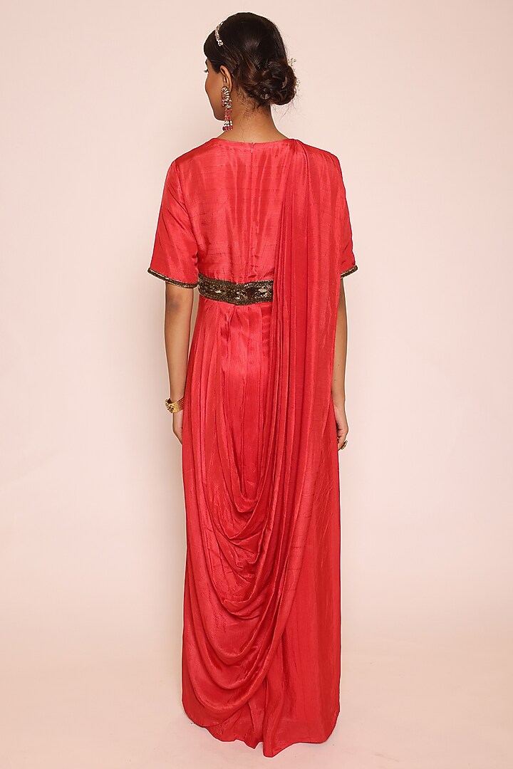 Red Silk Sequins Embellished Concept Party Wear Saree Dress by Abstract By Megha Jain Madaan at Pernia's Pop Up Shop