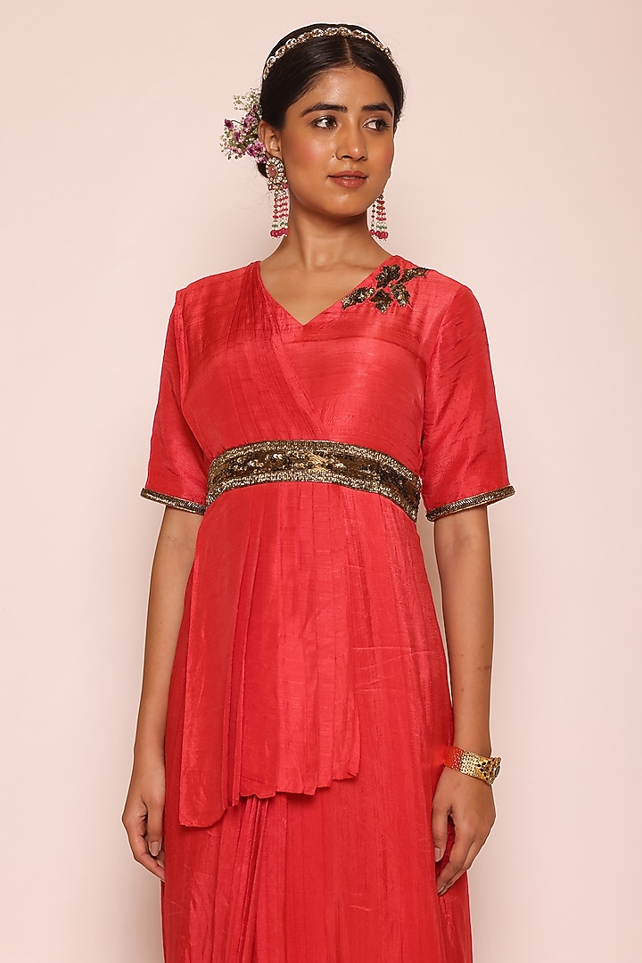 Red Silk Sequins Embellished Concept Party Wear Saree Dress by Abstract By Megha Jain Madaan at Pernia's Pop Up Shop