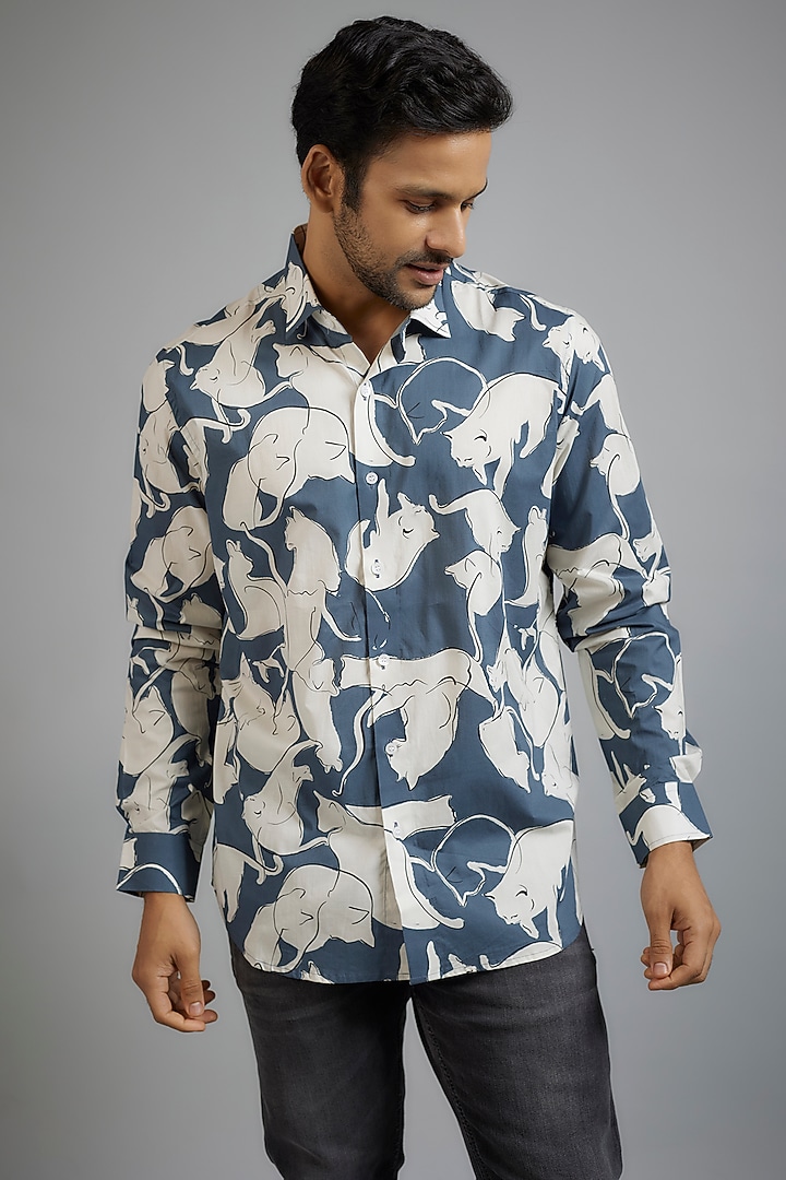 Blue Giza Cotton Printed Party Wear Shirt by Amalfi By Mohid Merchant at Pernia's Pop Up Shop