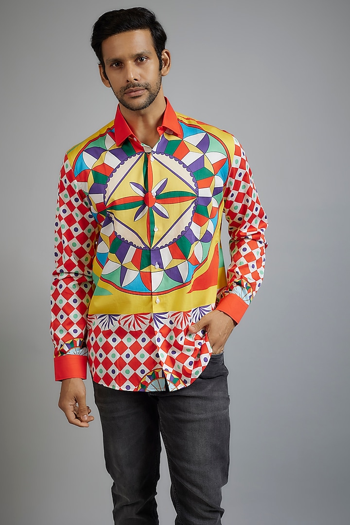 Red Giza Cotton Printed Shirt by Amalfi By Mohid Merchant