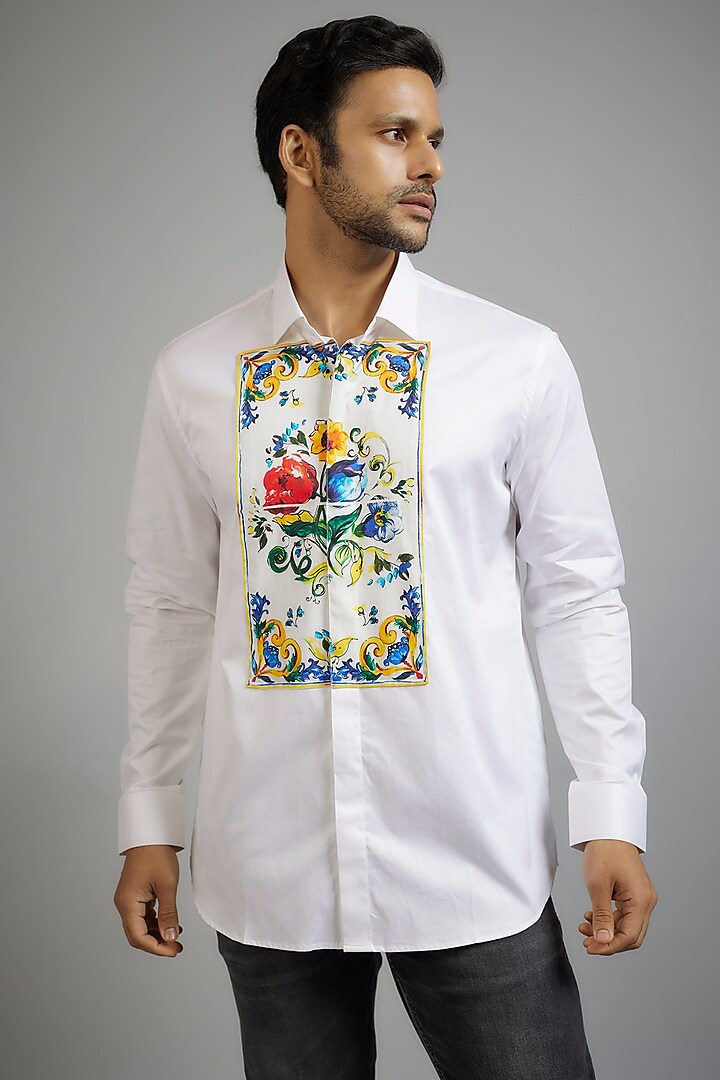 White Giza Cotton Printed Shirt by Amalfi By Mohid Merchant