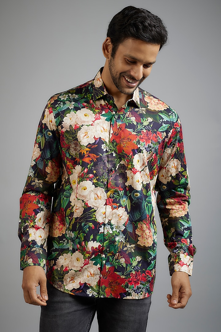 Black Giza Cotton Printed Shirt by Amalfi By Mohid Merchant