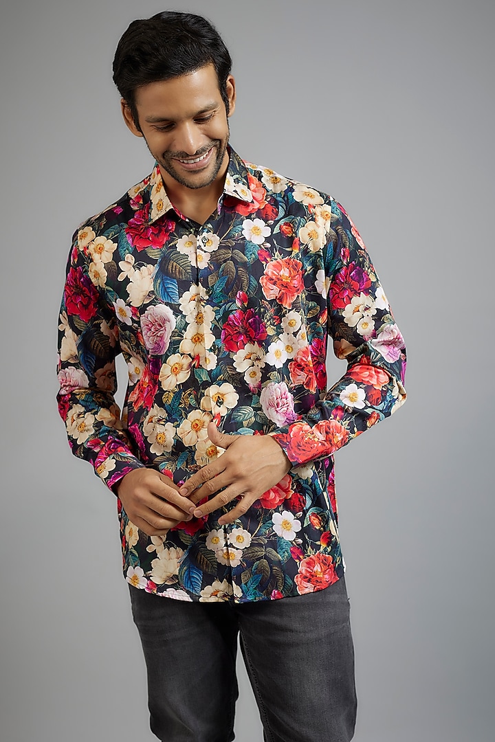 Black Giza Cotton Printed Shirt by Amalfi By Mohid Merchant