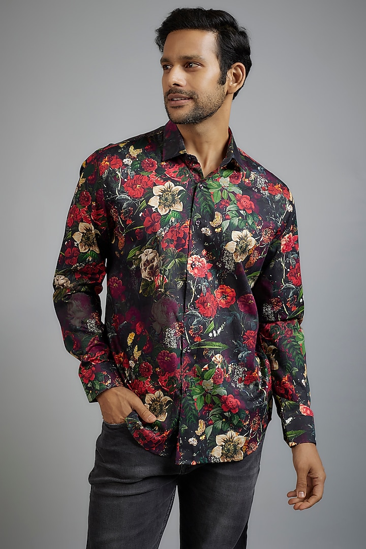 Black Giza Cotton Printed Shirt by Amalfi By Mohid Merchant