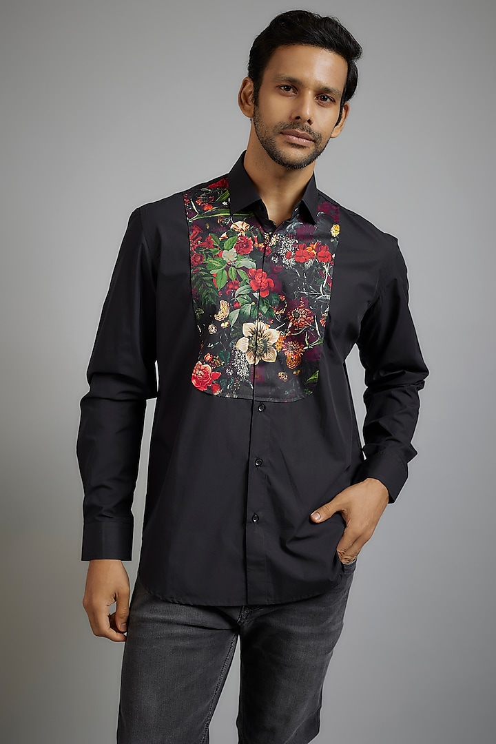 Black Giza Cotton Printed Shirt by Amalfi By Mohid Merchant